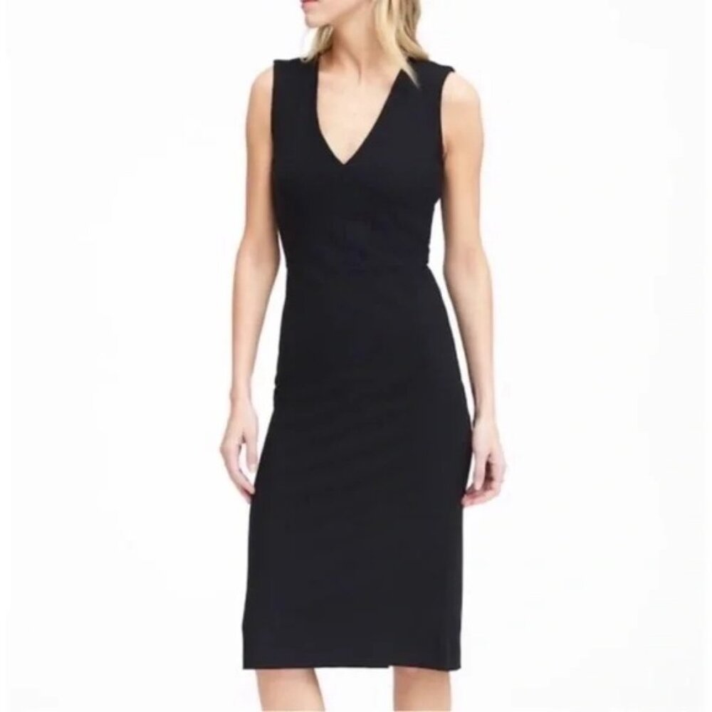 Banana Republic | V-Neck Sleeveless Ponte Sheath Midi Dress | Black | Size 10